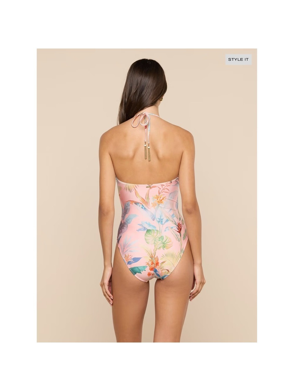 L'AGENCE Opus Halter One-Piece Swimsuit Pink Multi Colorful Palm Size M - Picture 2 of 8